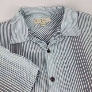 Tommy Bahama Mens L Silk Hawaiian Beach Shirt Blue Stripe Vacation Casual Cruise